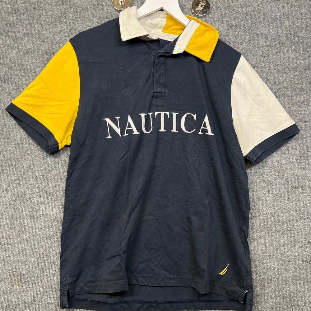 Nautica Polo Shirt Men's Blue Colorblock Embroidered Logo Short Sleeve - Large